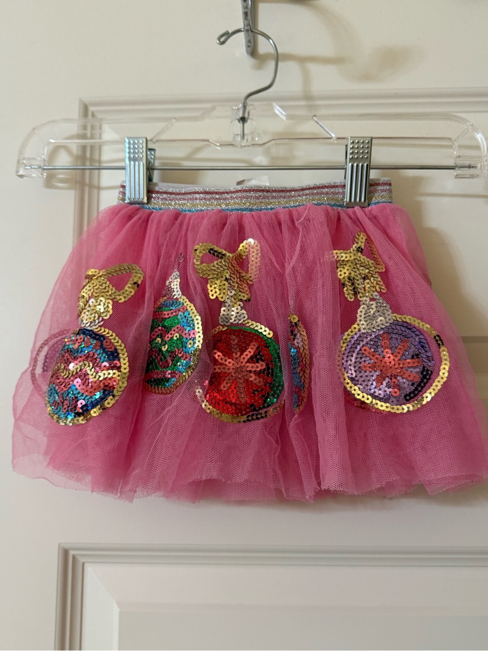 Mud Pie Pink Tulle Skirt with Multicolor Sequin Christmas Ornaments Size 3T